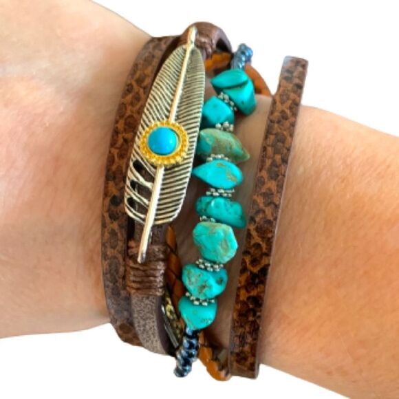 Western Multi Strand Boho Cuff Bracelet – PU Leather with Faux Turquoise - Picture 3 of 9